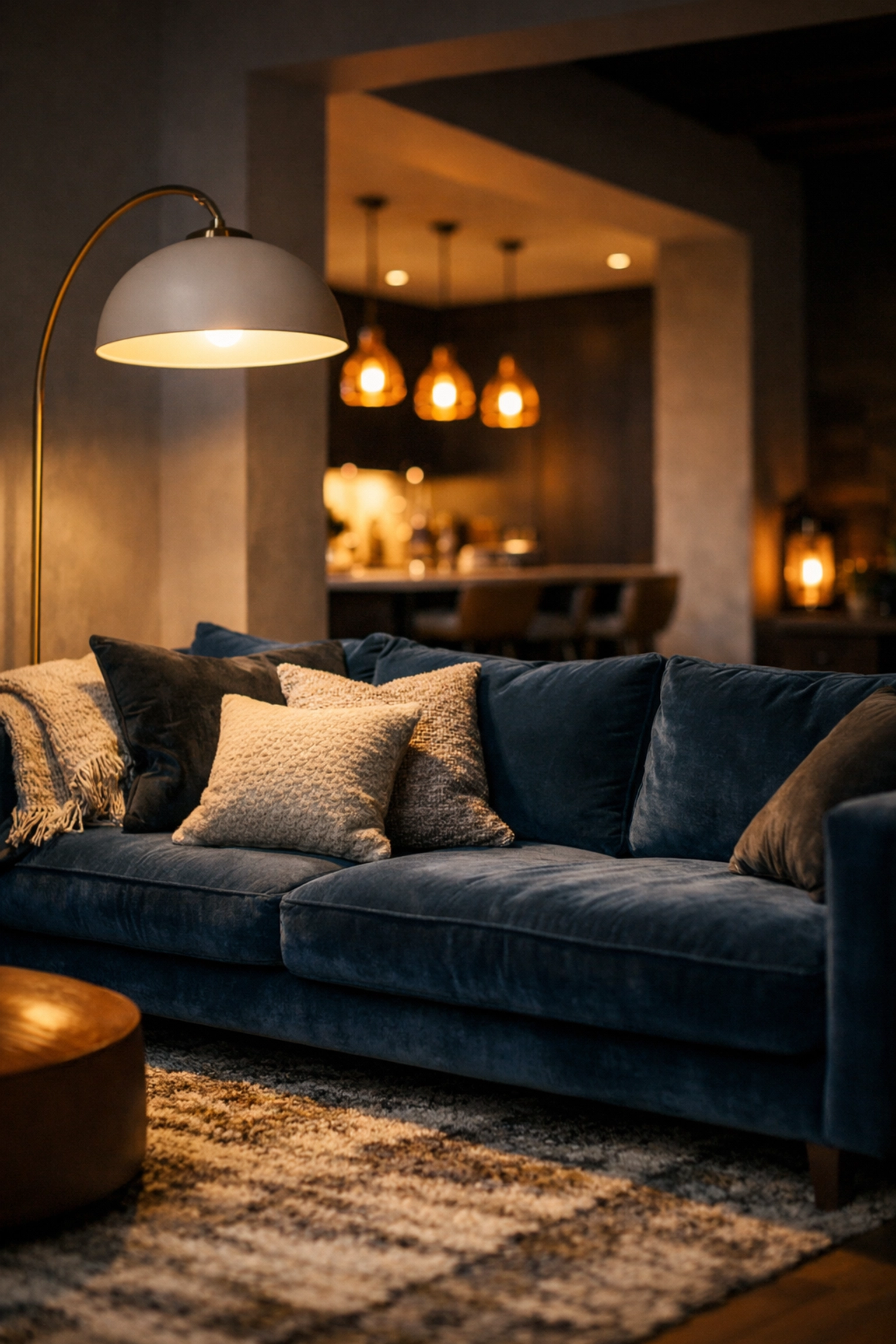 Comfortable open-plan snug area with a plush velvet sofa and warm lighting in a modern home extension.