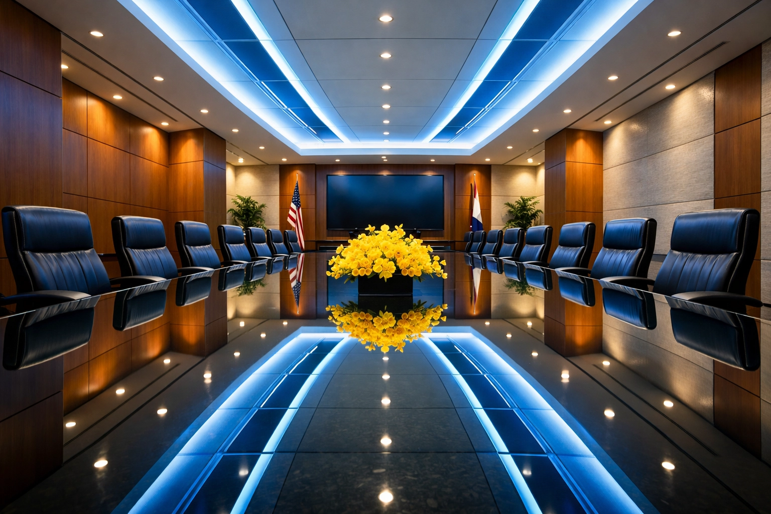 Spotless corporate conference room with a polished glass table illustrating professional cleaning services.