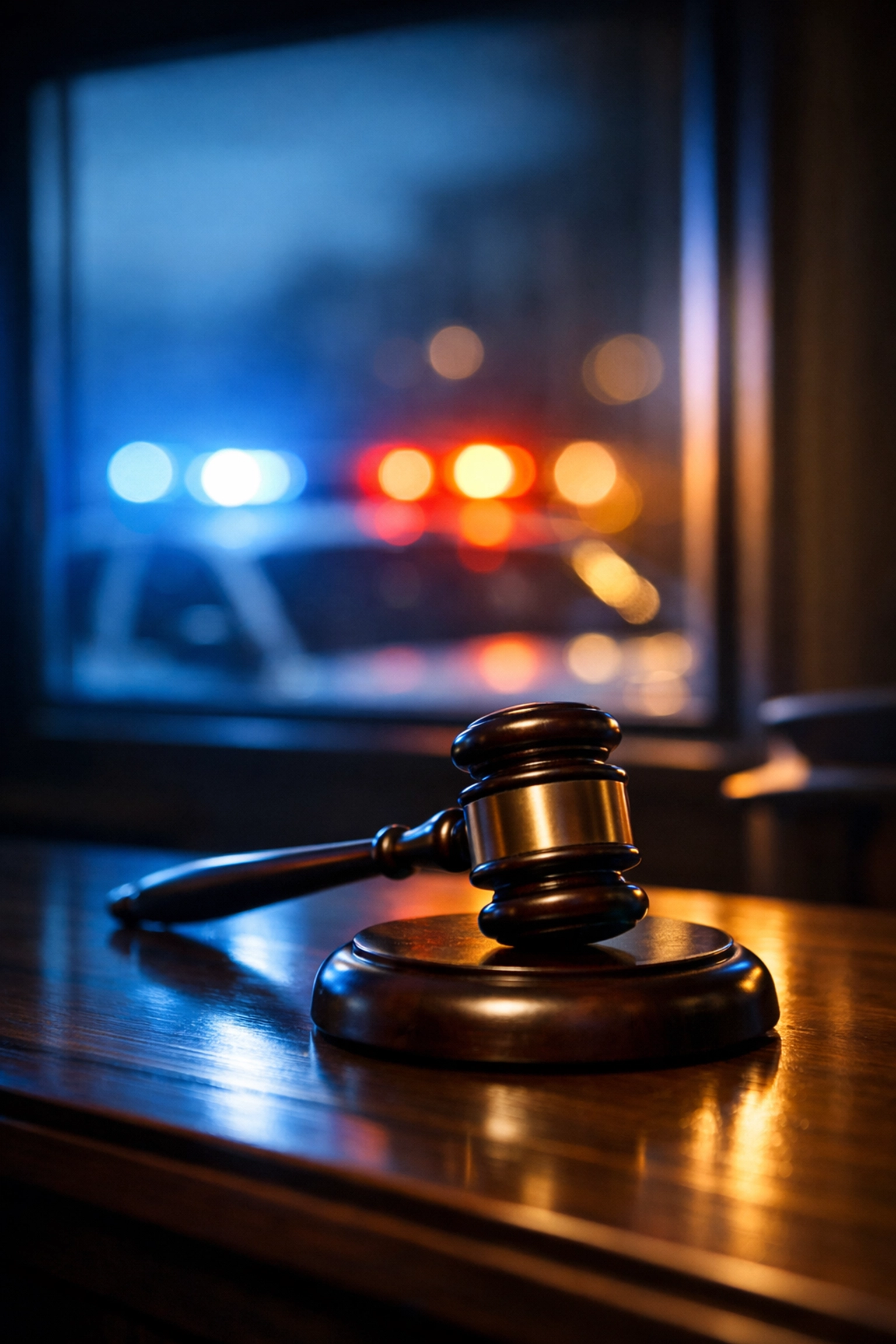 Judge's gavel and police lights representing DUI traffic stop challenges in Virginia Beach courts