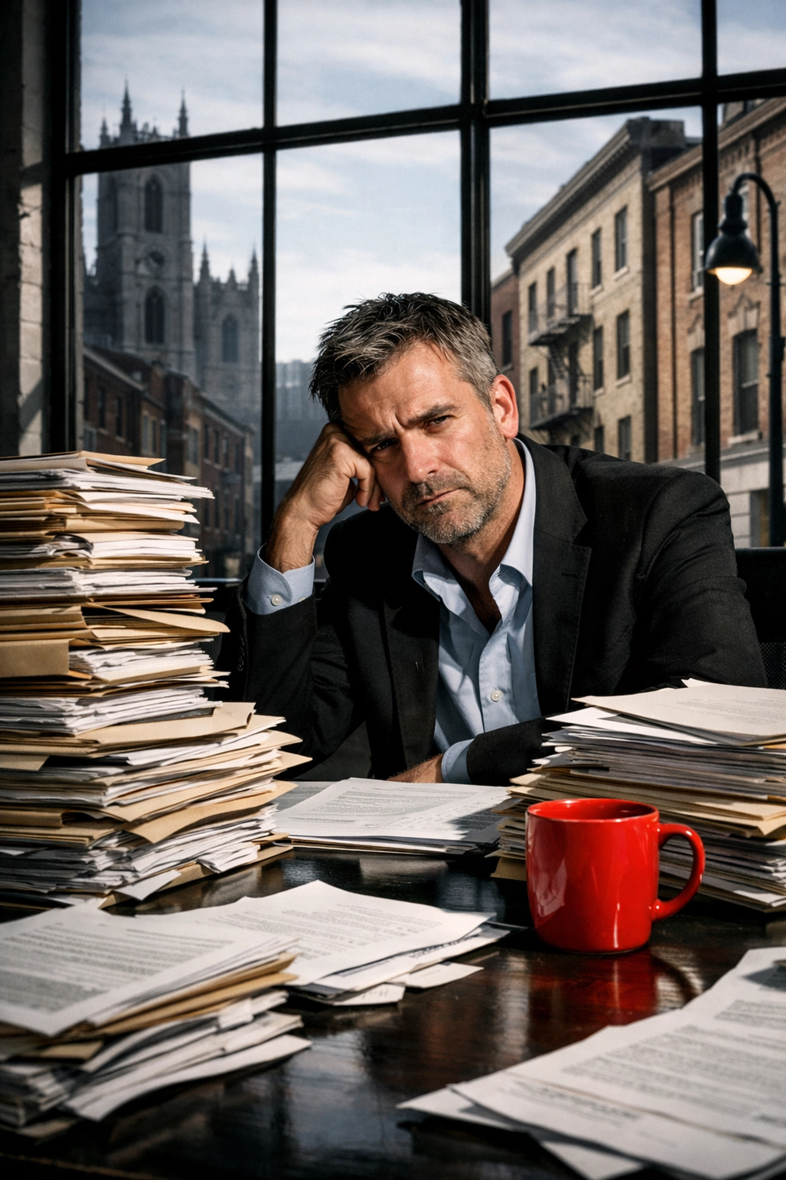 A small business owner in a Montreal office overwhelmed by regulatory paperwork and red tape.