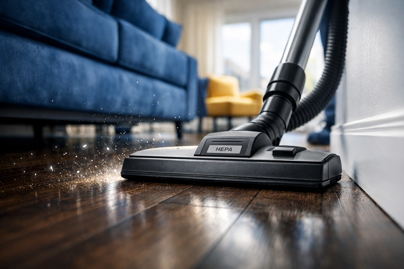 Professional post construction cleaning Littleton using HEPA vacuum on new dark hardwood floors.
