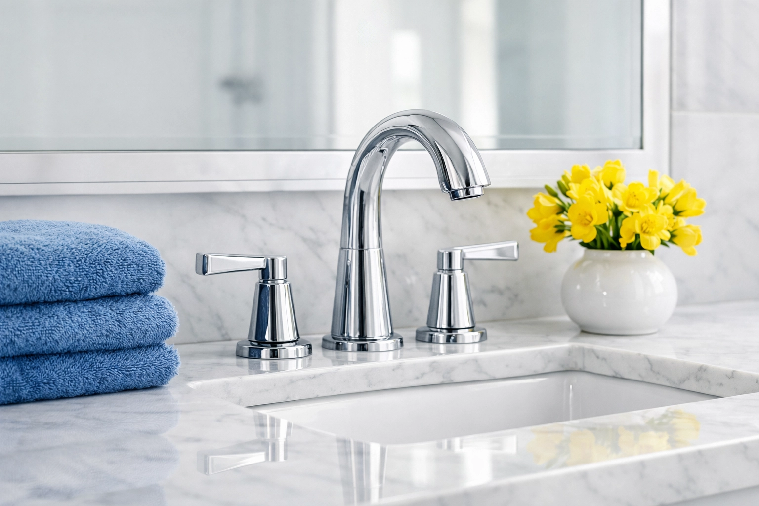 A clean and sanitized bathroom vanity representing professional bathroom sanitization in Groton MA.