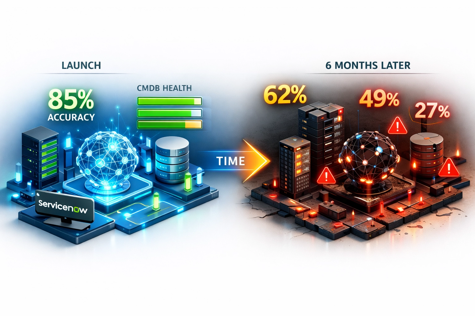 CMDB accuracy degradation timeline without proper ServiceNow post-implementation support