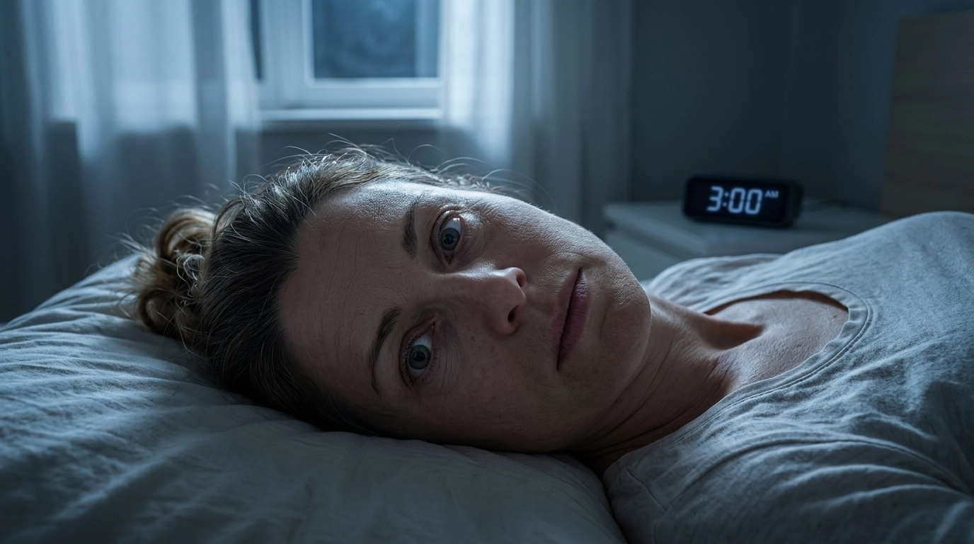 Woman awake at 3am looking overwhelmed