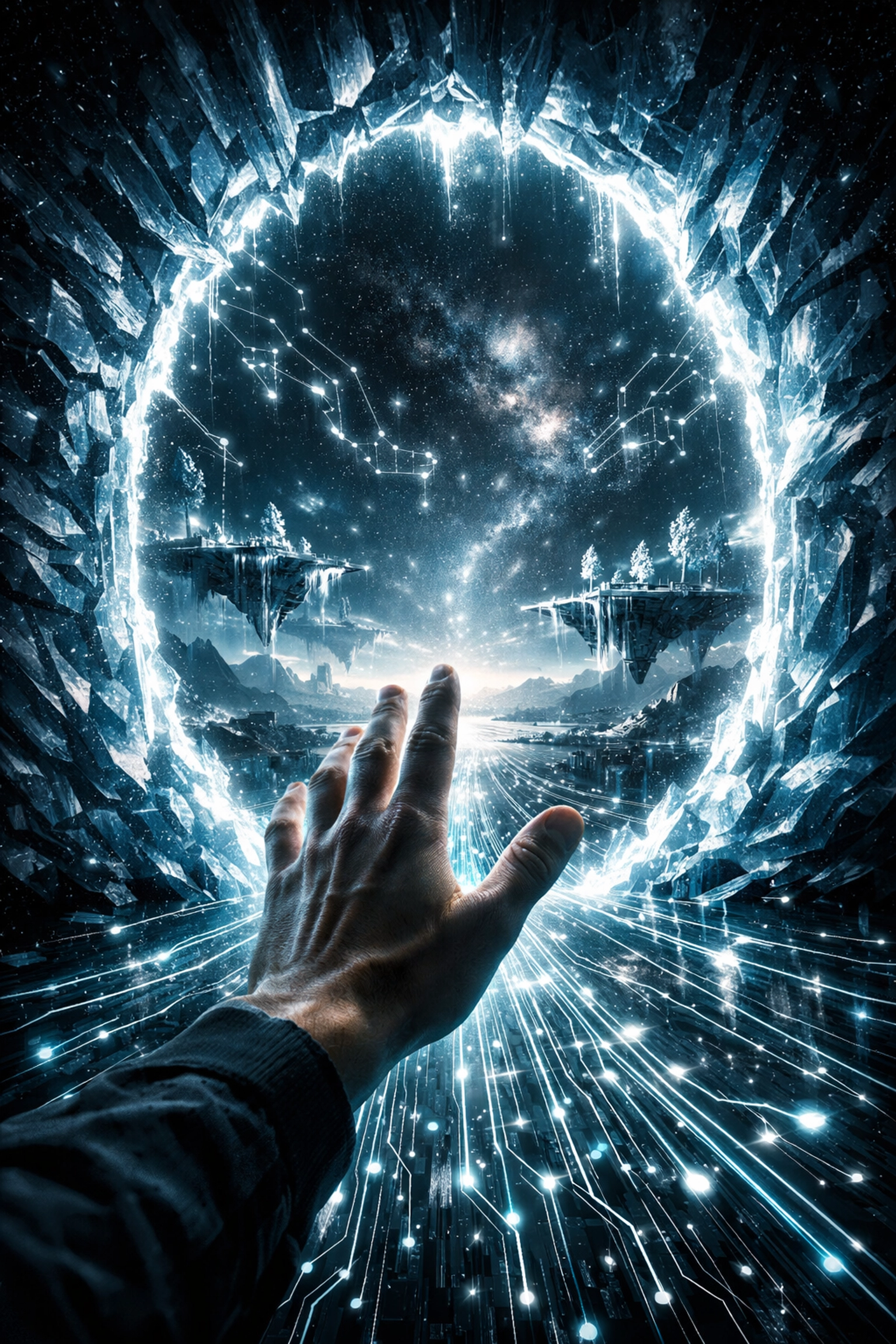 A first-person view of entering a digital realm for AI-driven metaverse shopping and Web3 payments.