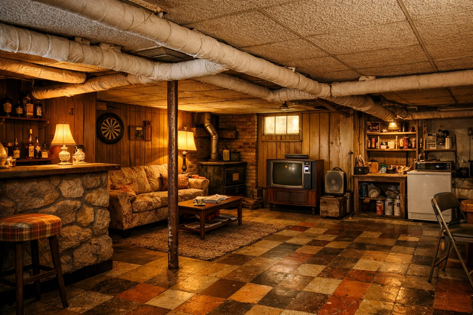 Vintage basement with pipe insulation and old flooring common in Berks County homes built before 1980