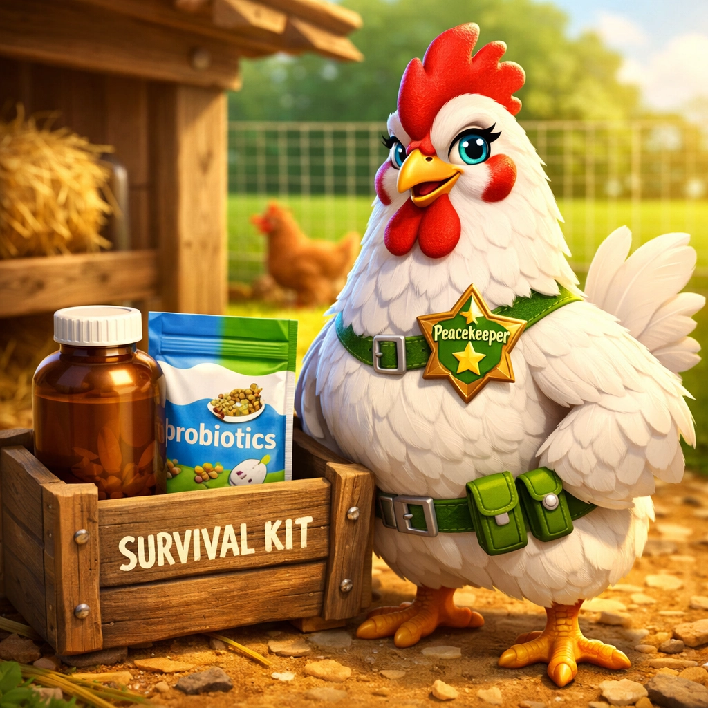 Healthy Bresse chicken with a survival kit of vitamins and probiotics for safe flock integration and stress relief.