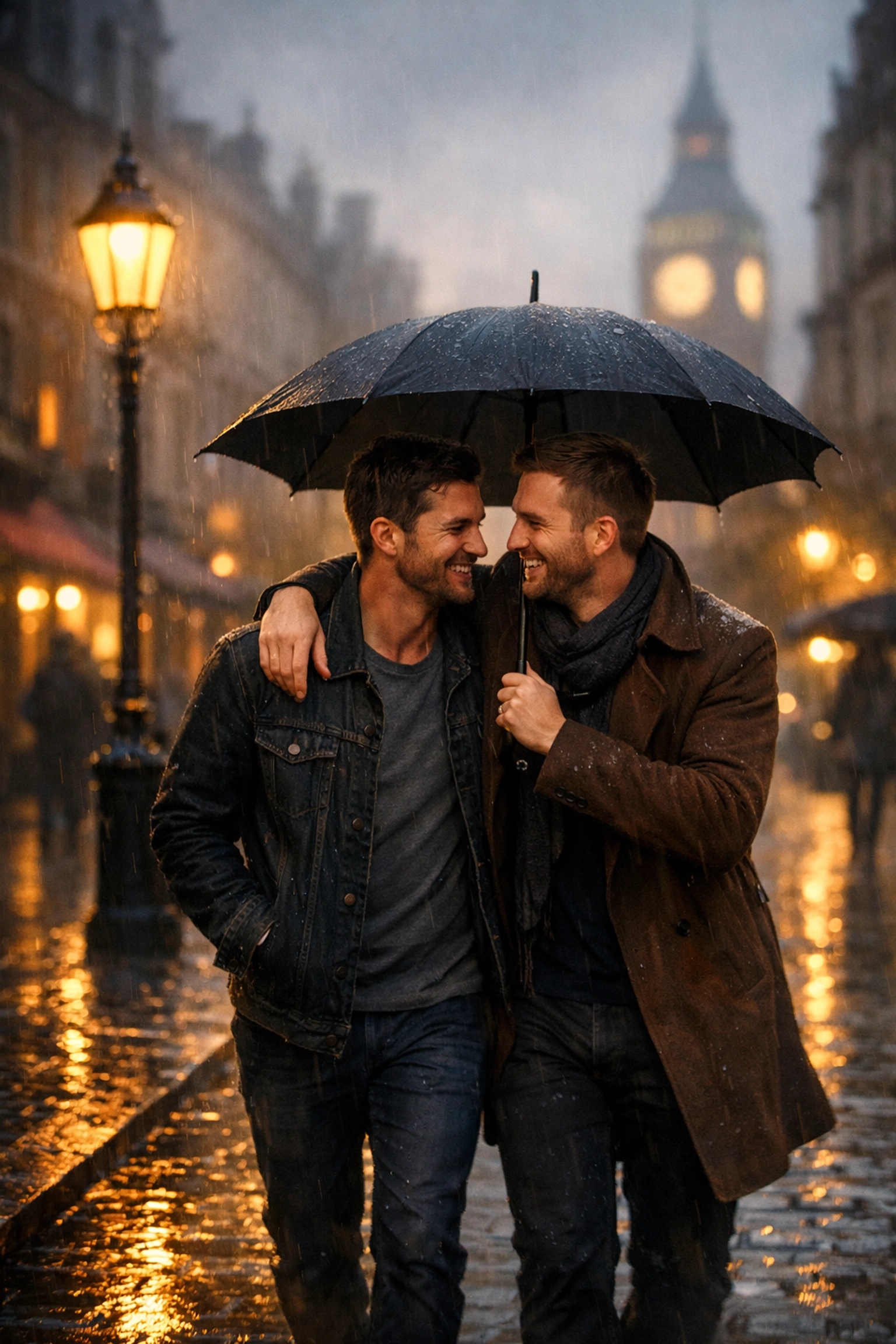 Two men share a romantic moment under an umbrella on a rainy, cobblestone London street.