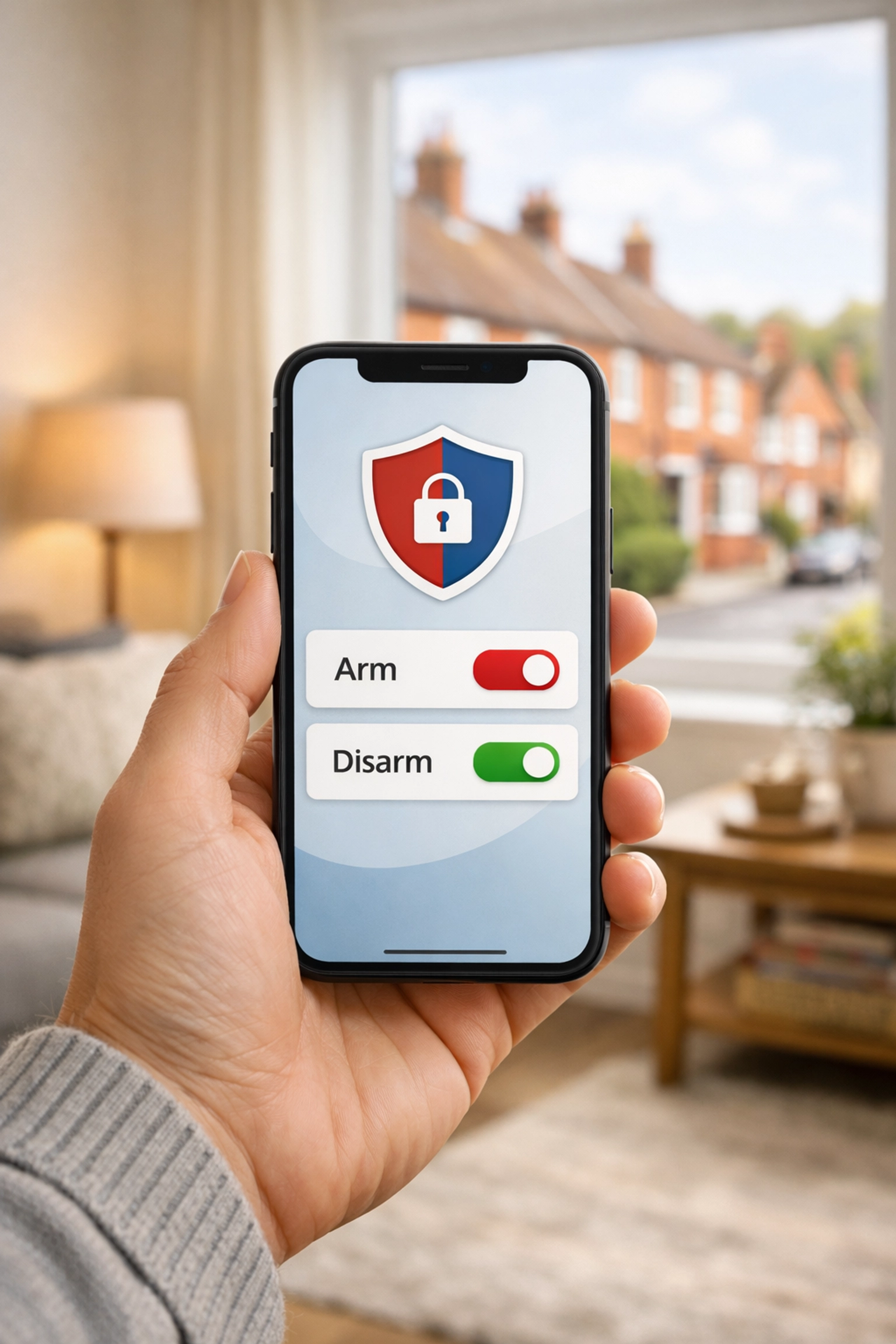 Controlling a smart intruder alarm system via a smartphone app in a modern Melksham home.