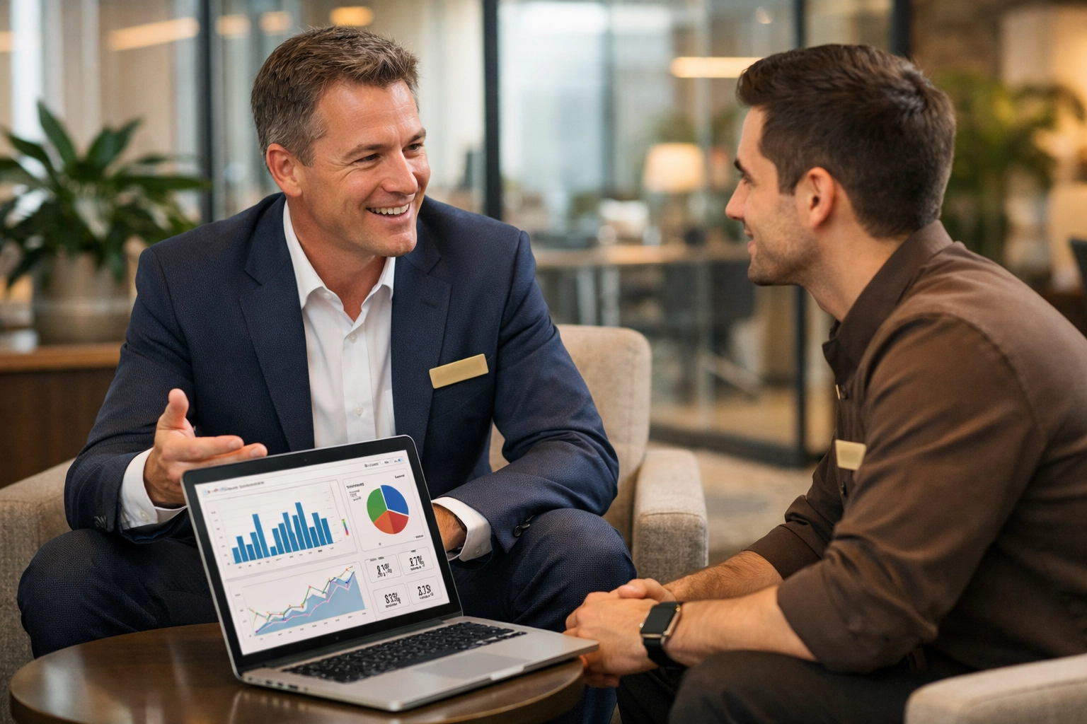 Hotel manager mentoring team member using AI analytics for personalized career development