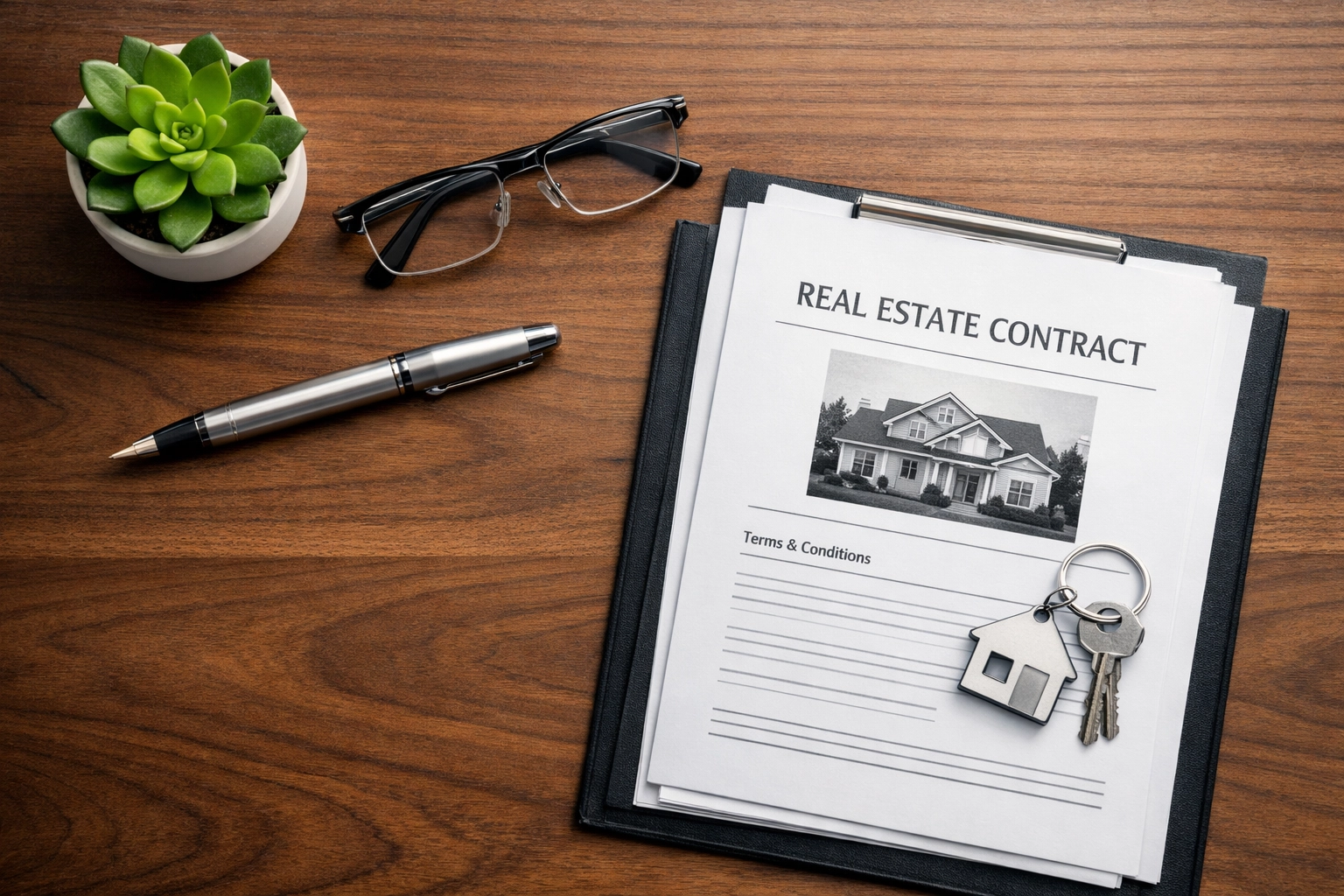 Real estate documents on a desk representing professional property management and legal compliance.