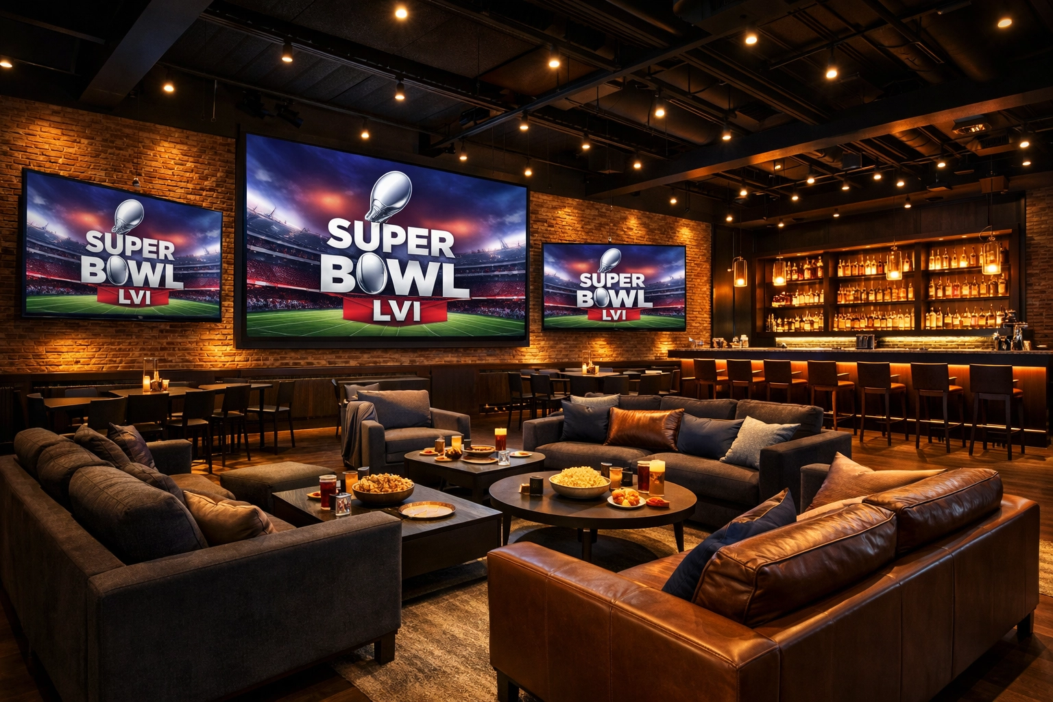 VIP Executive Hosting at the Super Bowl: How to Transform Brand Presence Into Revenue in 48 Hours Modern corporate venue configured for Super Bowl watch party with multiple screens