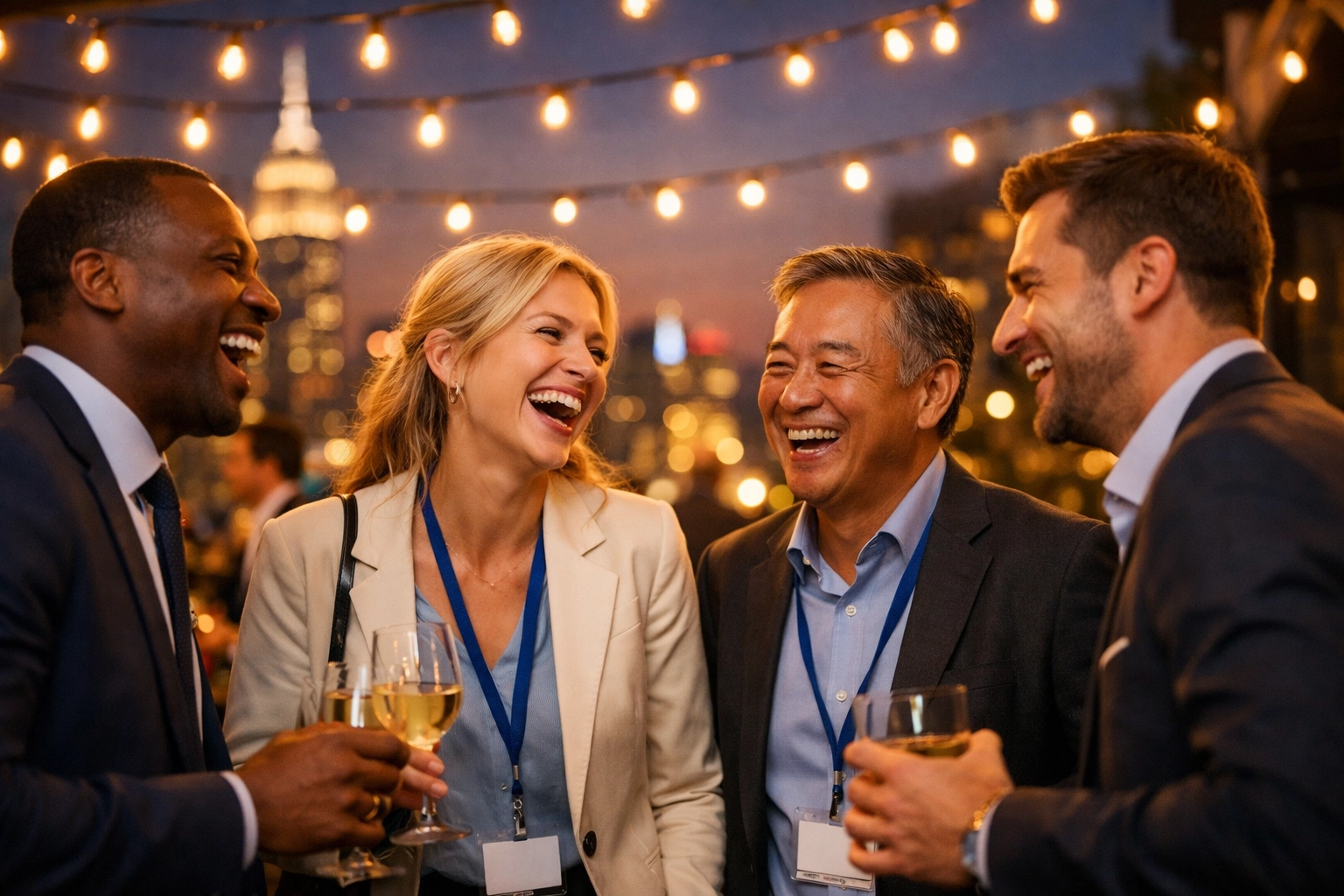 Authentic business event photography showing corporate networking at an evening rooftop reception in NYC.