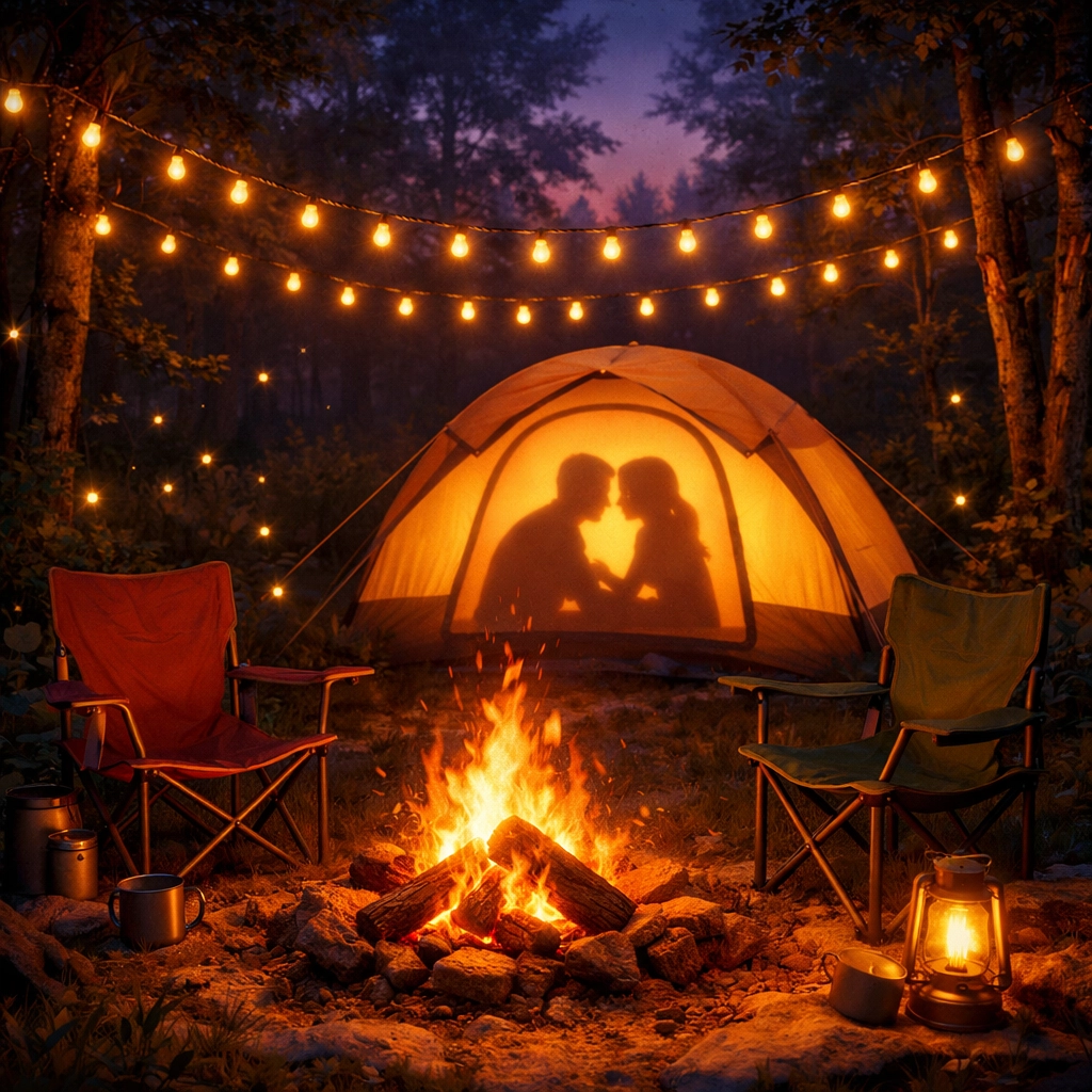 Romantic camping scene with tent and campfire - classic one tent MM romance trope