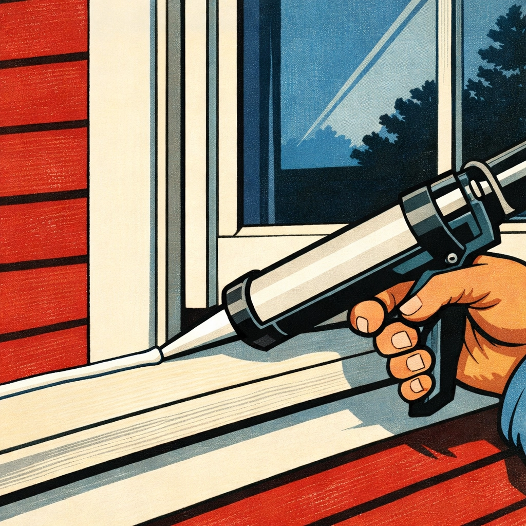 A professional hand sealing window frames with caulk to prevent rot and moisture in a home.