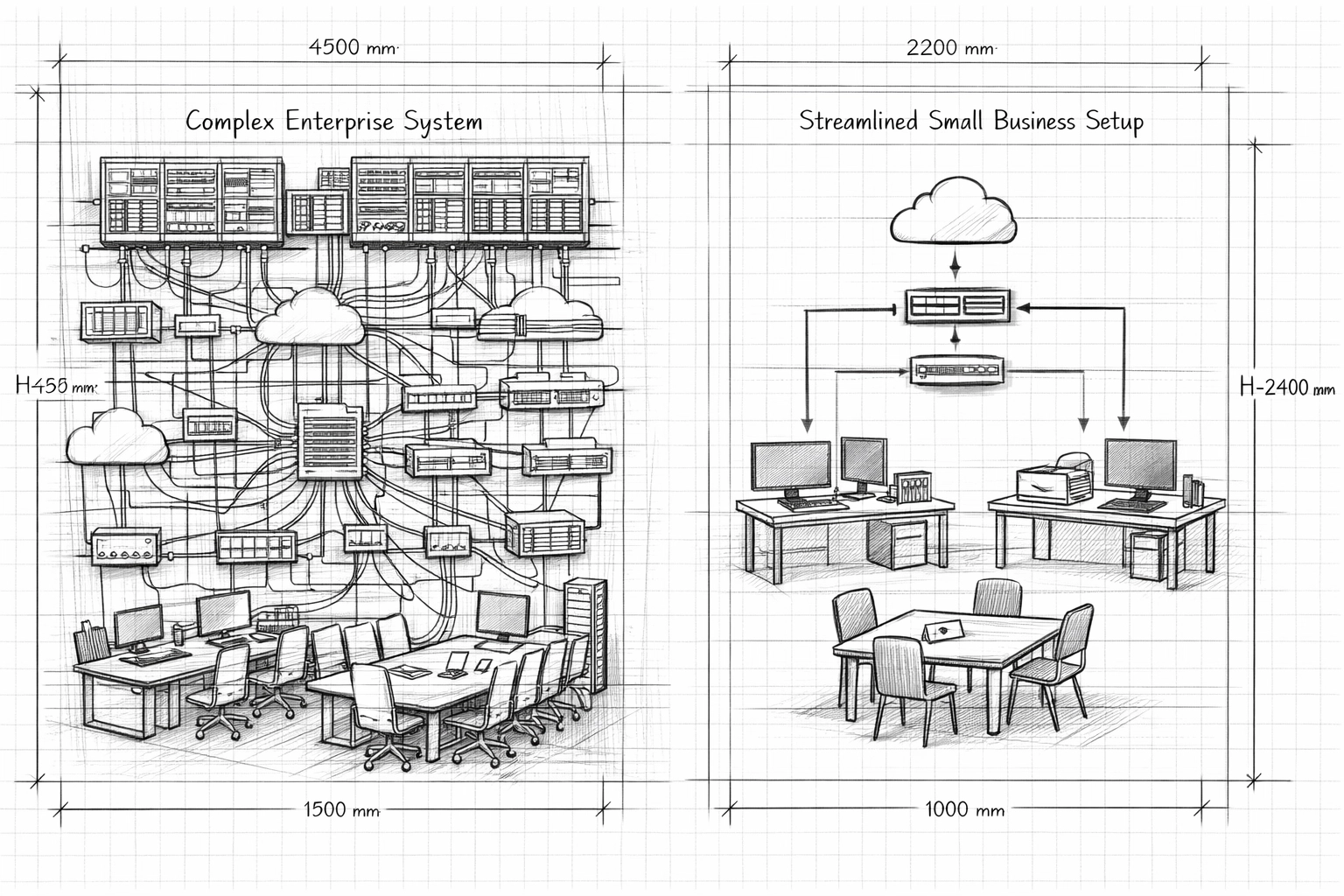 Small business pipeline automation vs enterprise complexity comparison diagram