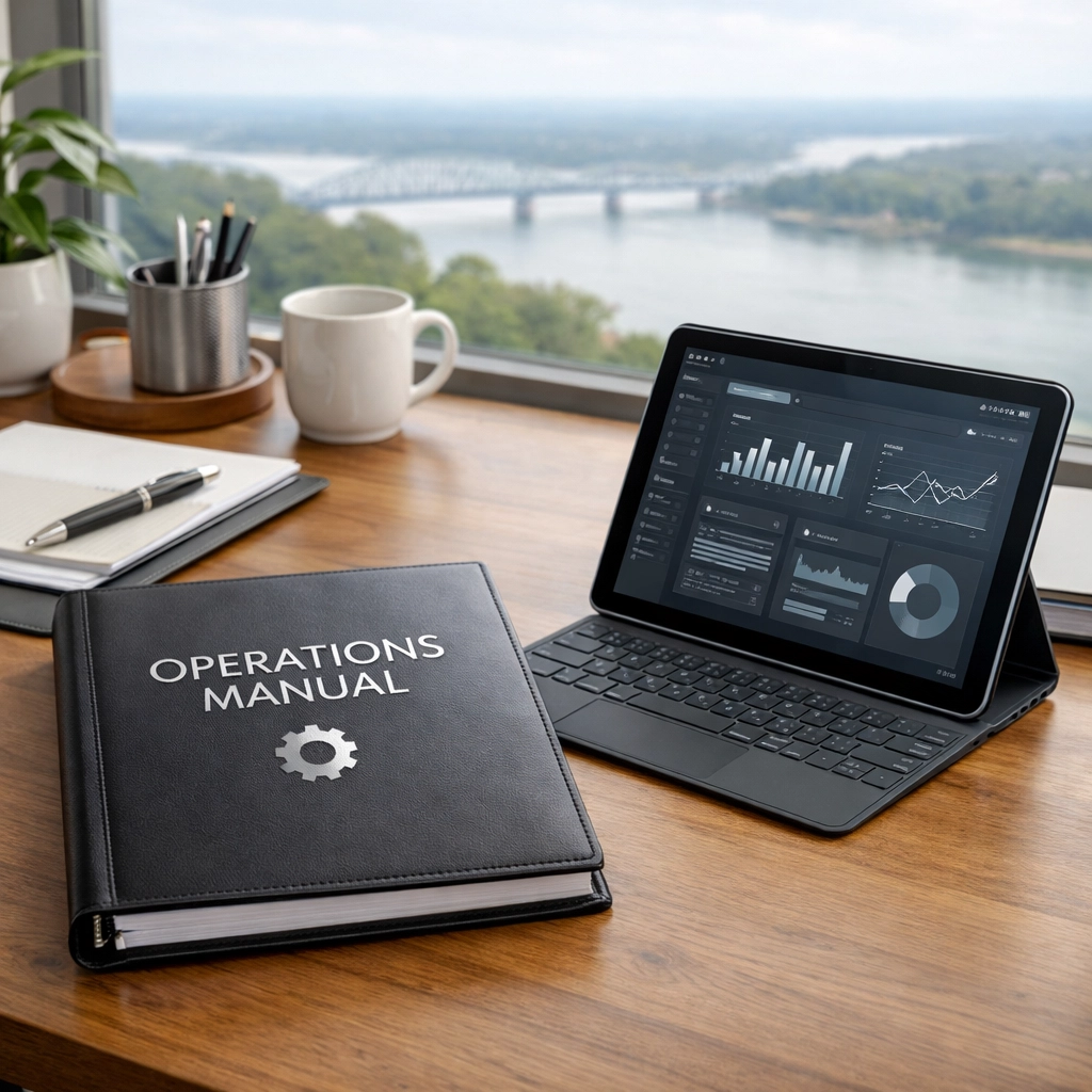 Professional Mississippi office workspace with a leather operations manual, symbolizing a business ready for sale.