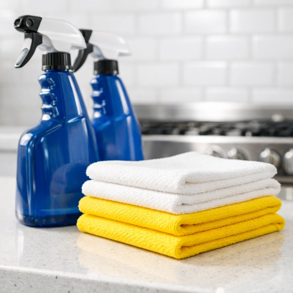 Professional house cleaning Worcester MA supplies and microfiber cloths on a clean quartz kitchen countertop.