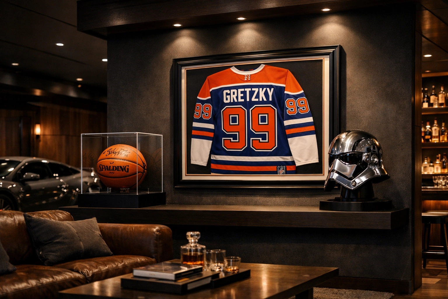 Modern home sports gallery with framed NHL jerseys, NBA autographed items, and Star Wars collectibles.