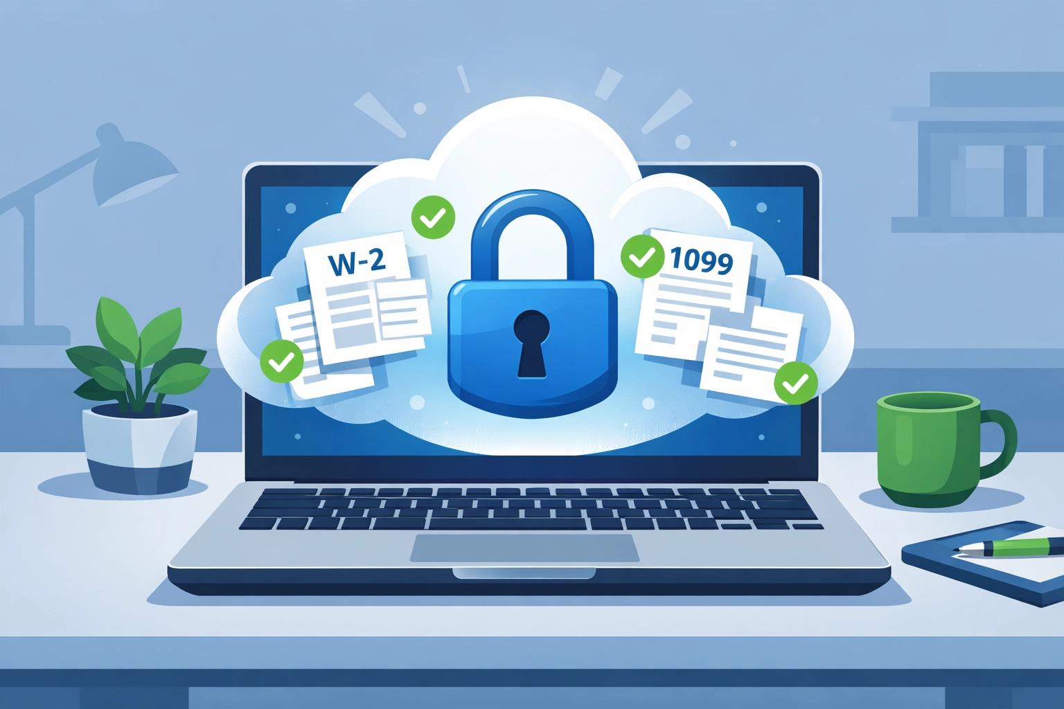Secure cloud portal for uploading W-2 and 1099 forms to your virtual tax preparer safely.