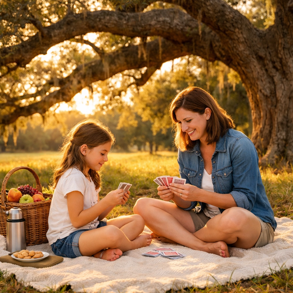 Mother and daughter enjoying low-key family activities during a relaxing picnic in the park.