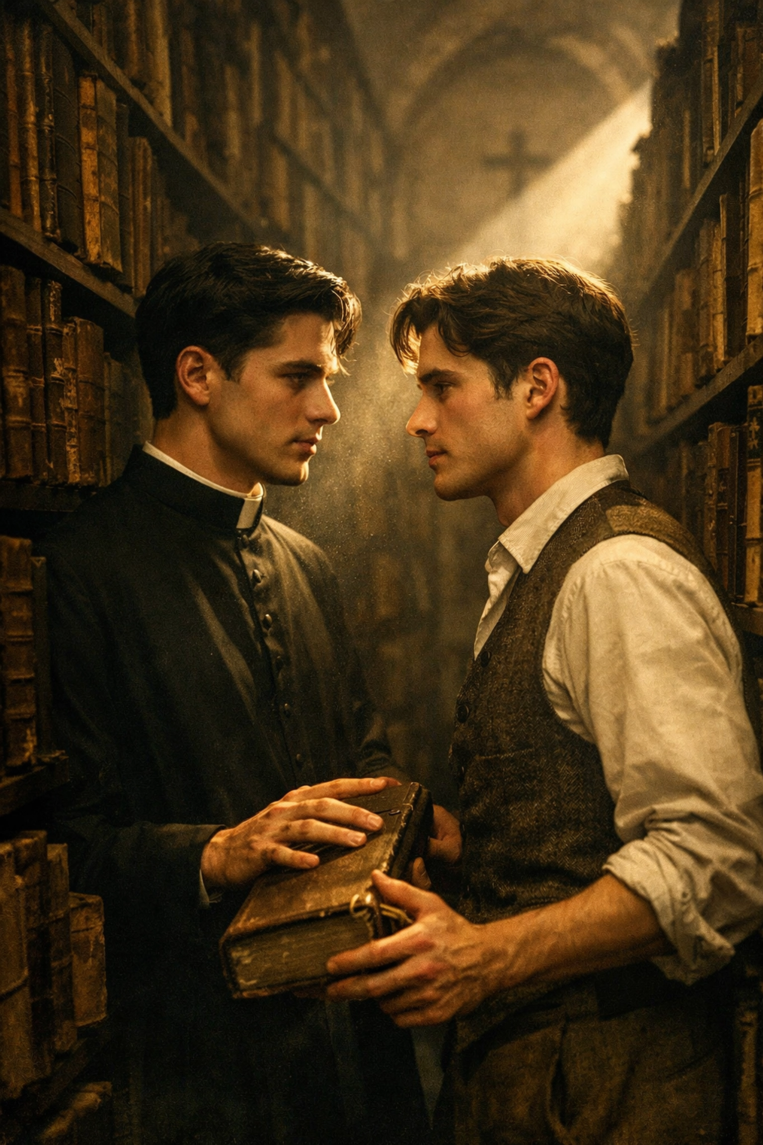 Two men sharing a secret romantic moment in a vintage Vatican archive, evoking a classic MM romance story.