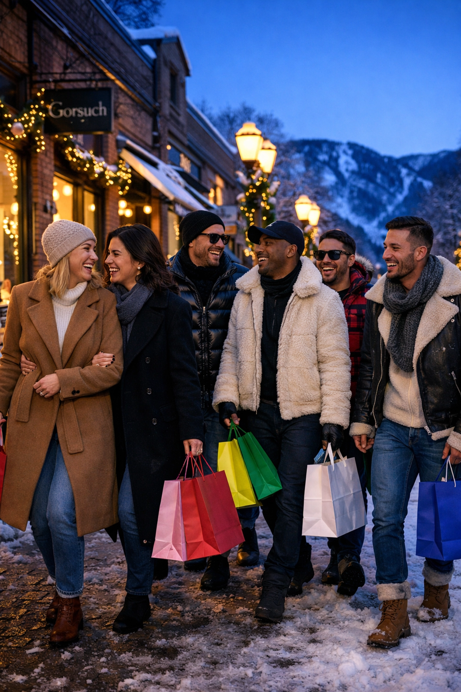 A diverse group of LGBTQ+ friends walking together through snowy downtown Aspen.