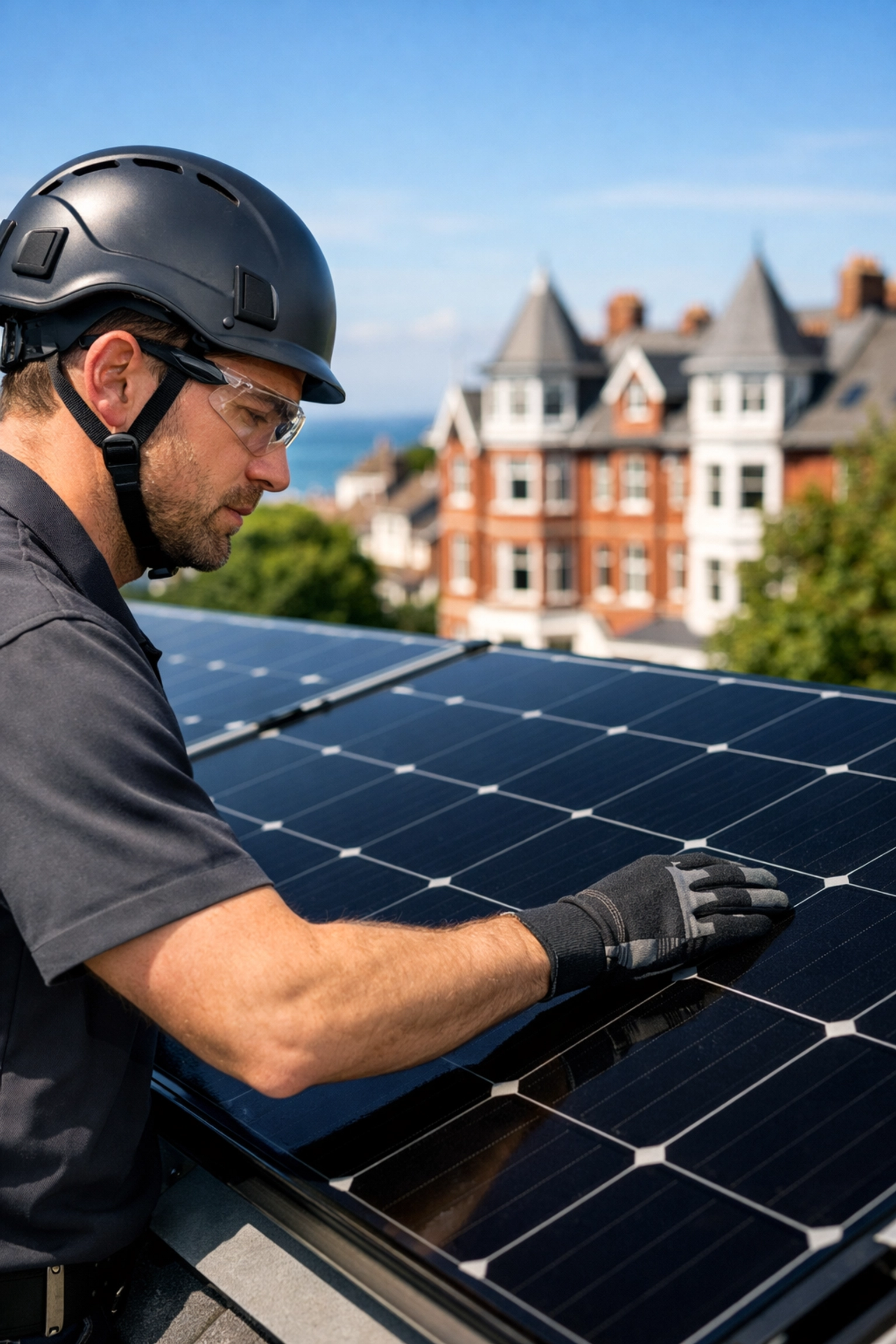 MCS-approved solar panel installer Bournemouth inspecting a high-quality rooftop solar panel system.