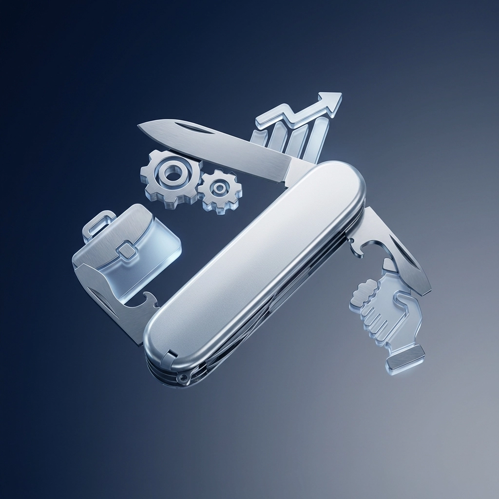 Visual metaphor of OASIS+ contract vehicle versatility with business icons replacing Swiss Army knife tools