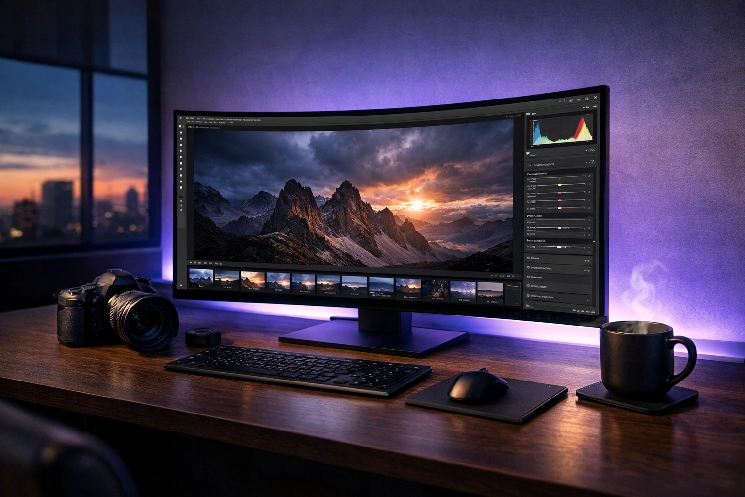 Modern photography workspace using AI editing software, essential for today’s photography trends.