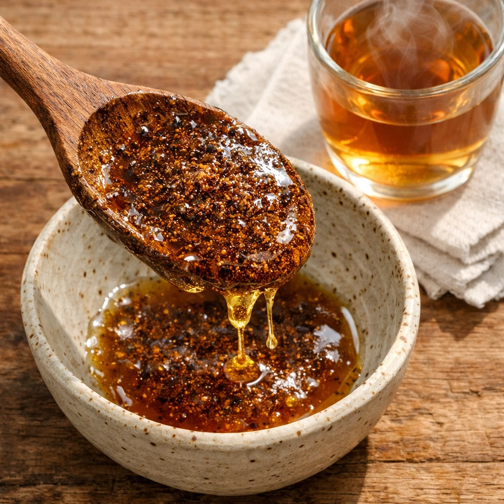 ملعقة خشبية من العسل المغربي الممزوج بمسحوق العكبر لتقوية المناعة الطبيعية للجسم