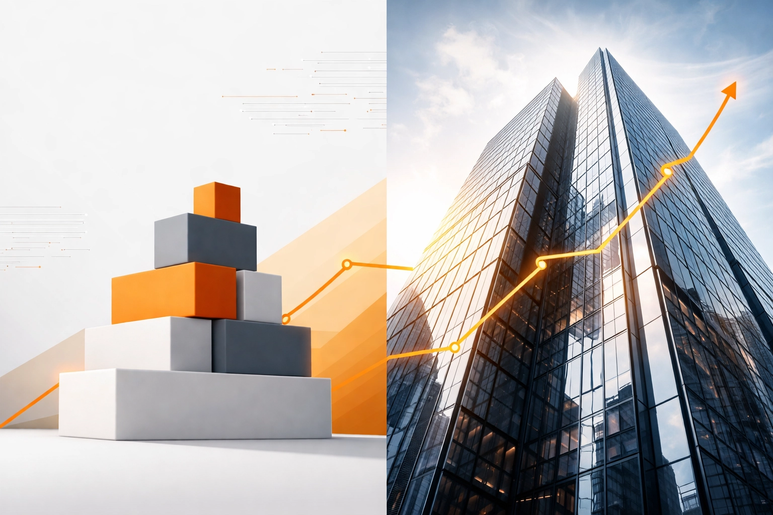 Modern skyscraper and building blocks connected by orange lines, representing AI-driven growth and private investment
