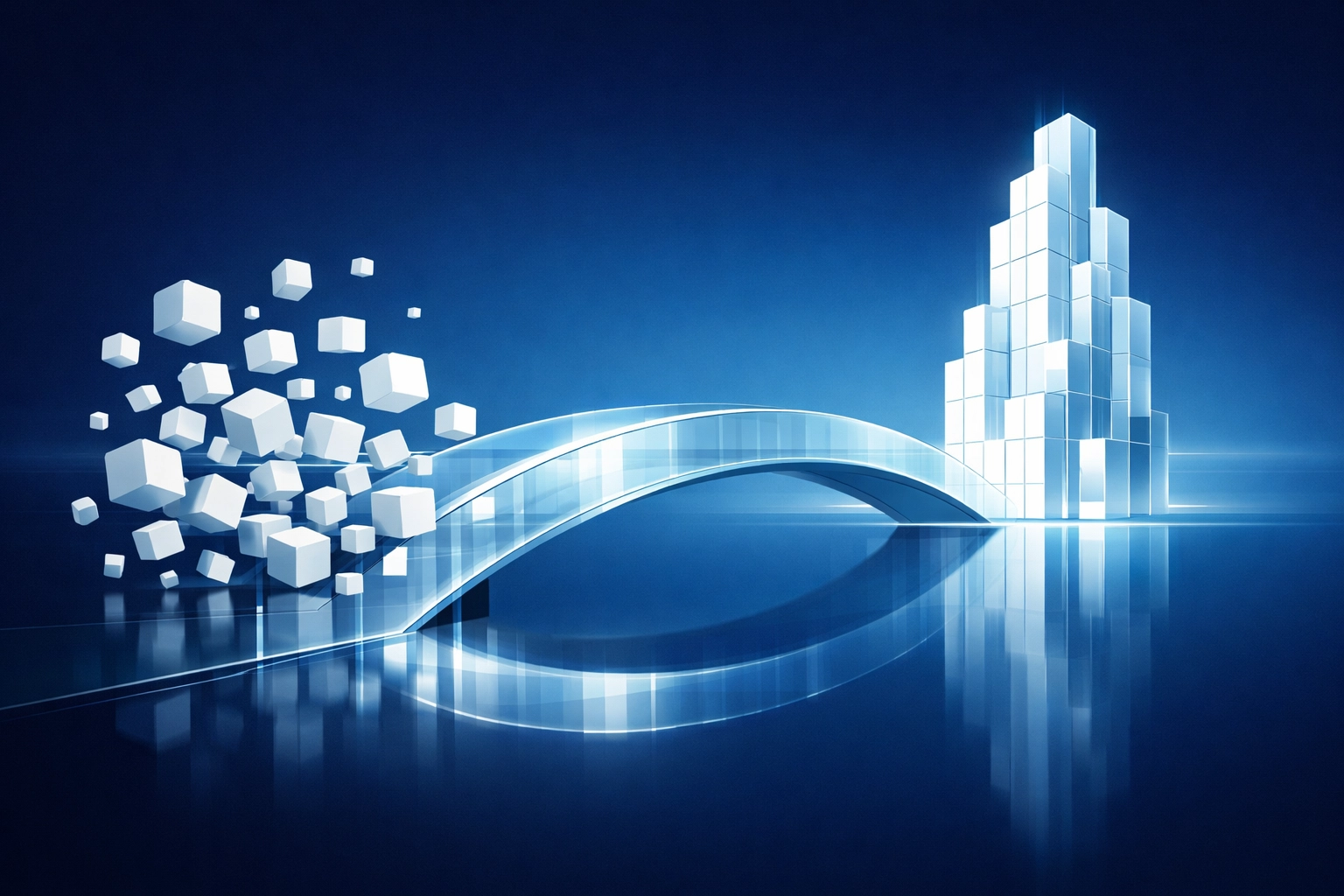 Digital bridge connecting fragmented data to a structured monolith, symbolizing operational transformation.