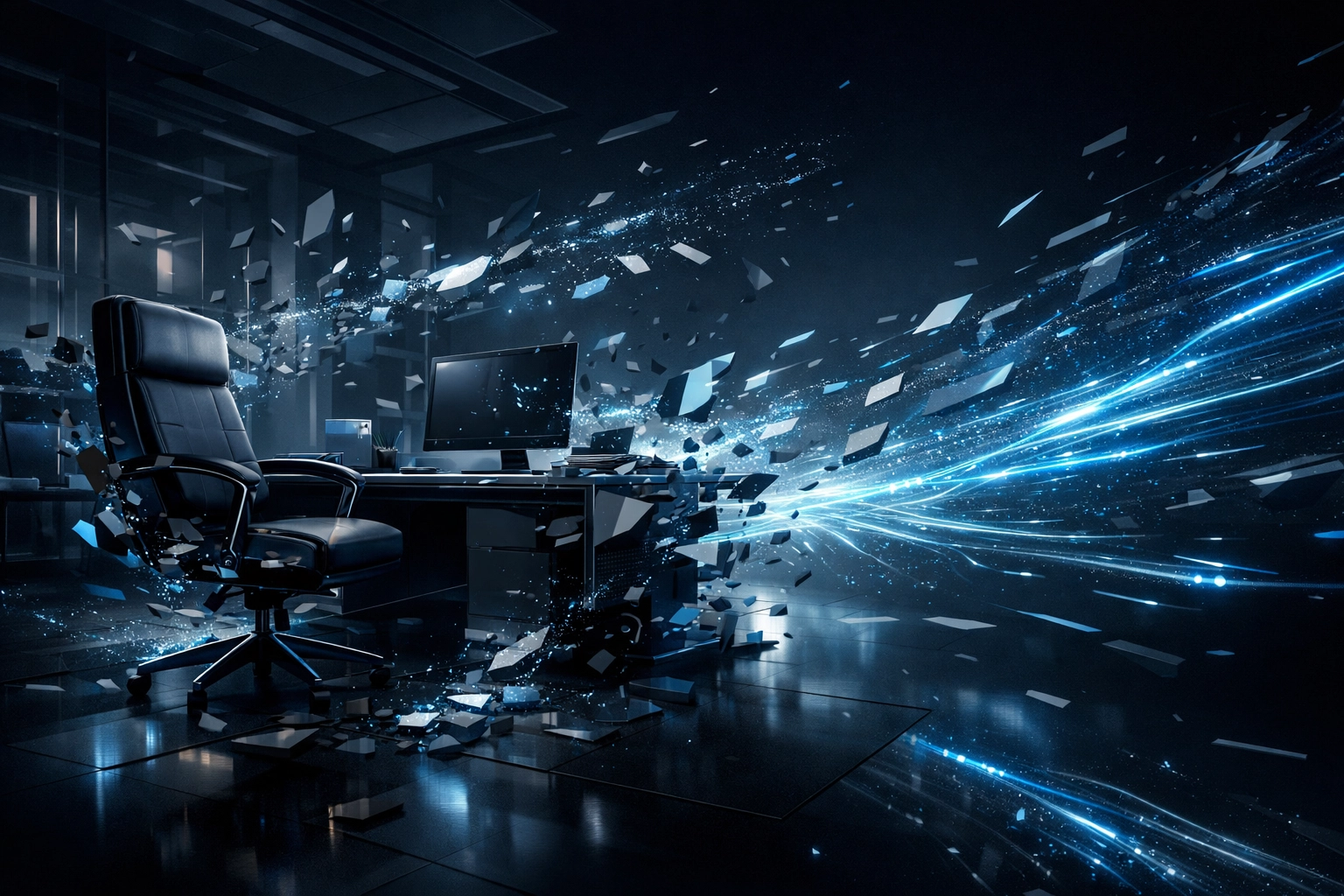 Traditional corporate office structure dissolving, symbolizing shift from full-time execs in fintech