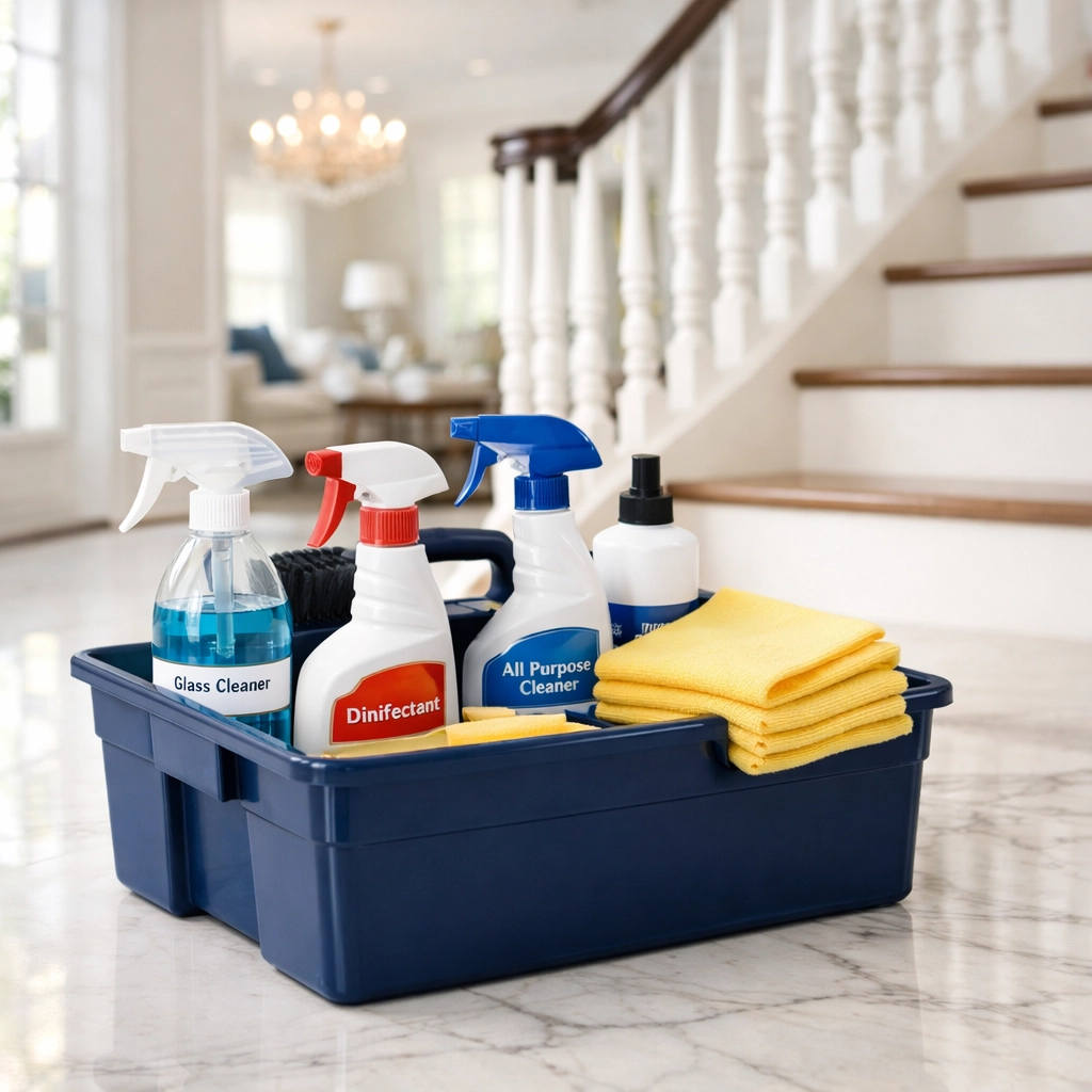 Organized professional cleaning caddy and supplies for high-end house cleaning in Wenham, MA.