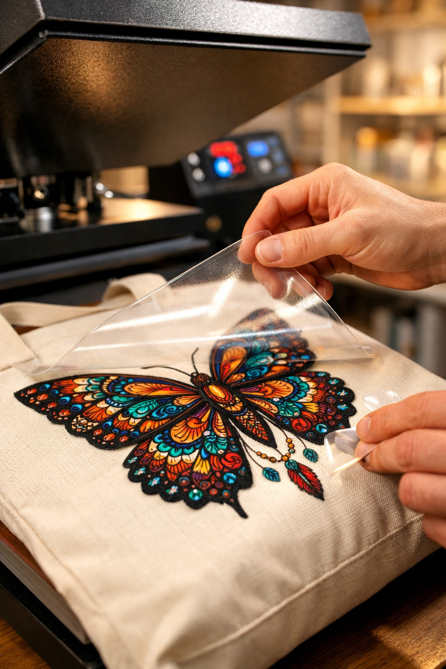 Peeling a vibrant butterfly DTF transfer from a canvas bag to demonstrate professional print quality.