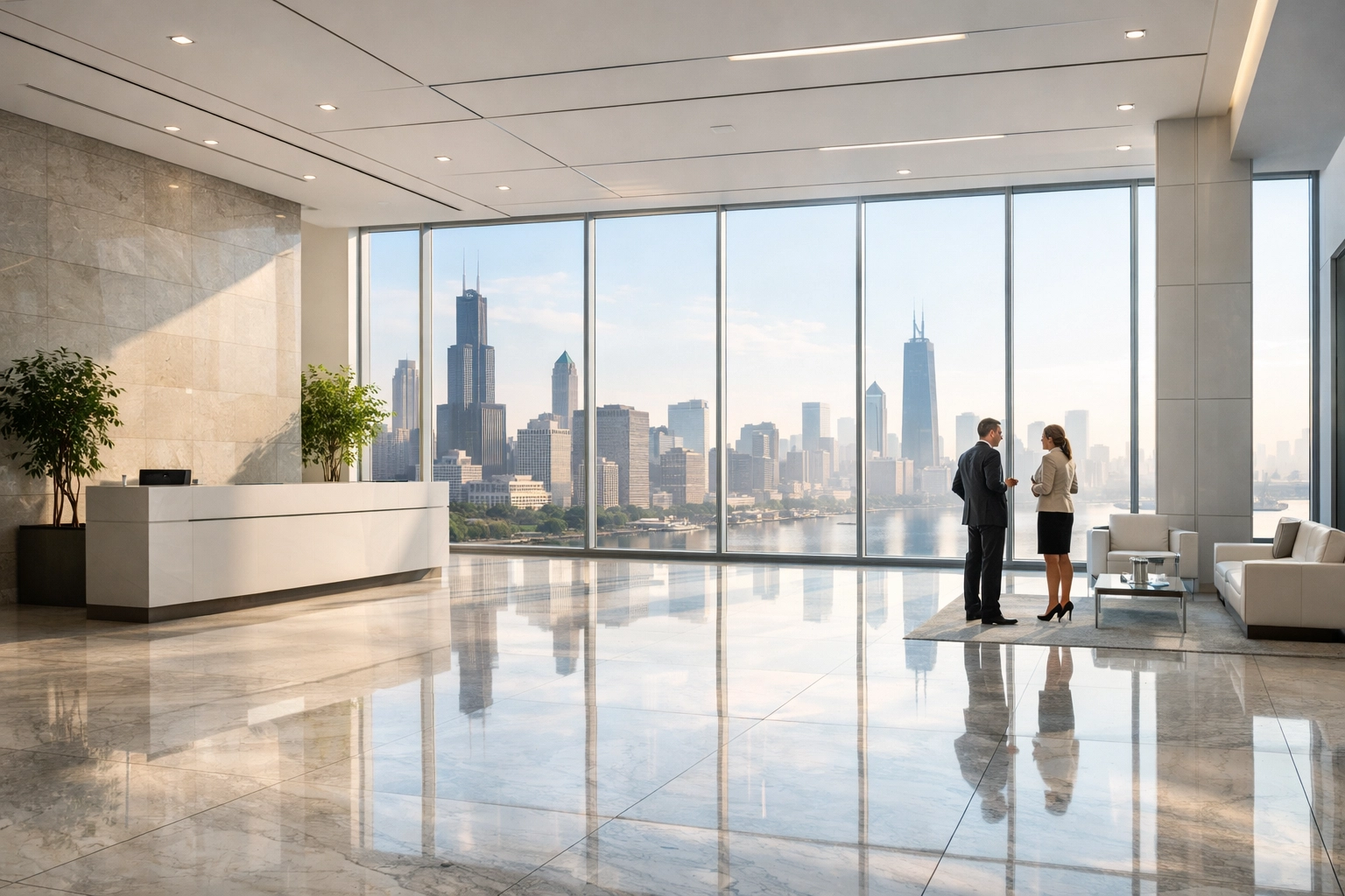Modern Chicago office lobby with polished floors and city views representing Class A commercial cleaning standards.