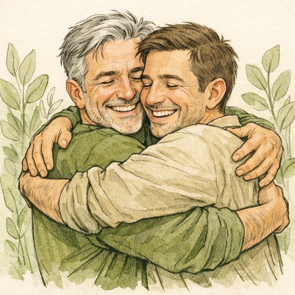 A warm embrace between two men, showing the relief and joy of living an authentic life in the gay community.