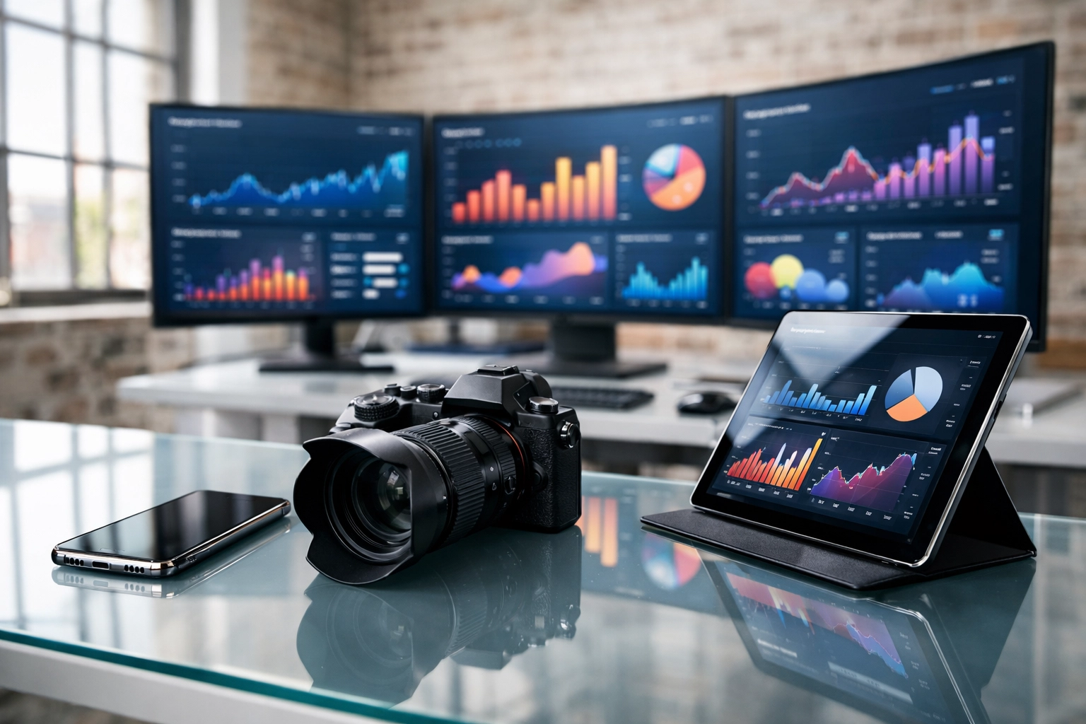 Digital marketing war room with data analytics screens tracking fan funnel performance for a music marketing agency.