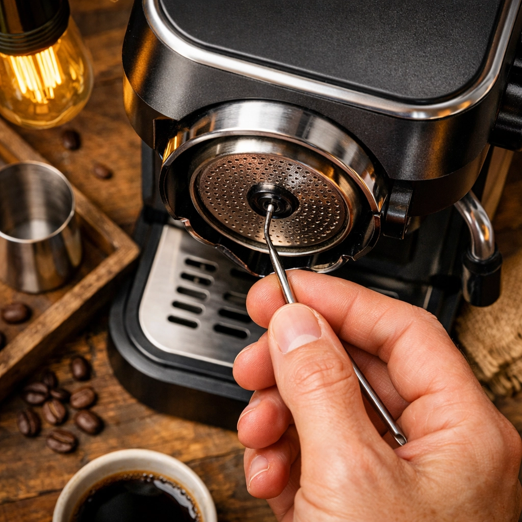 Cleaning a coffee machine needle to remove clogs and prevent a K-cup exploded in Keurig incident.