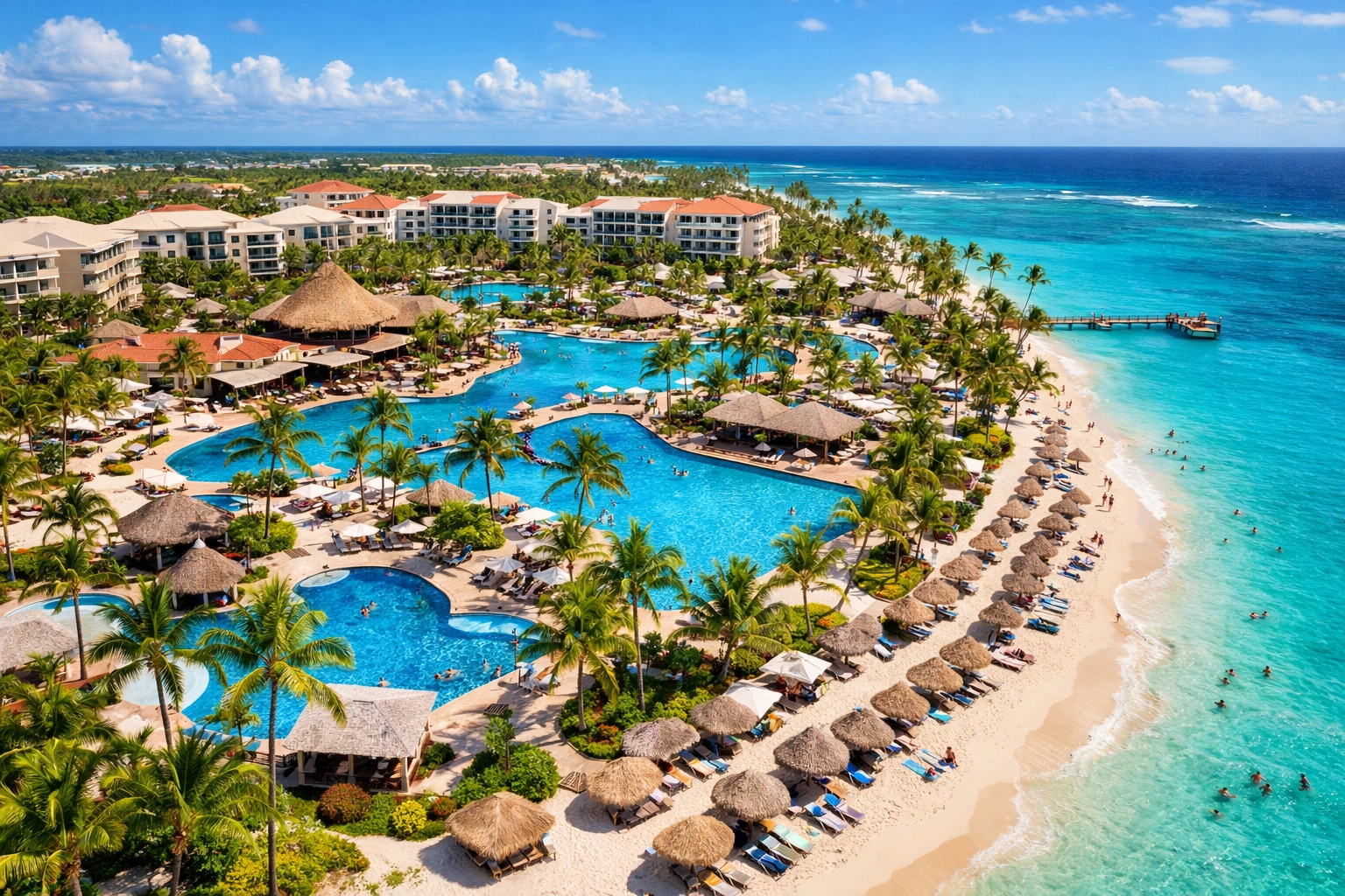 Aerial view of luxury Caribbean all-inclusive resort with pools, beach, and tropical landscaping