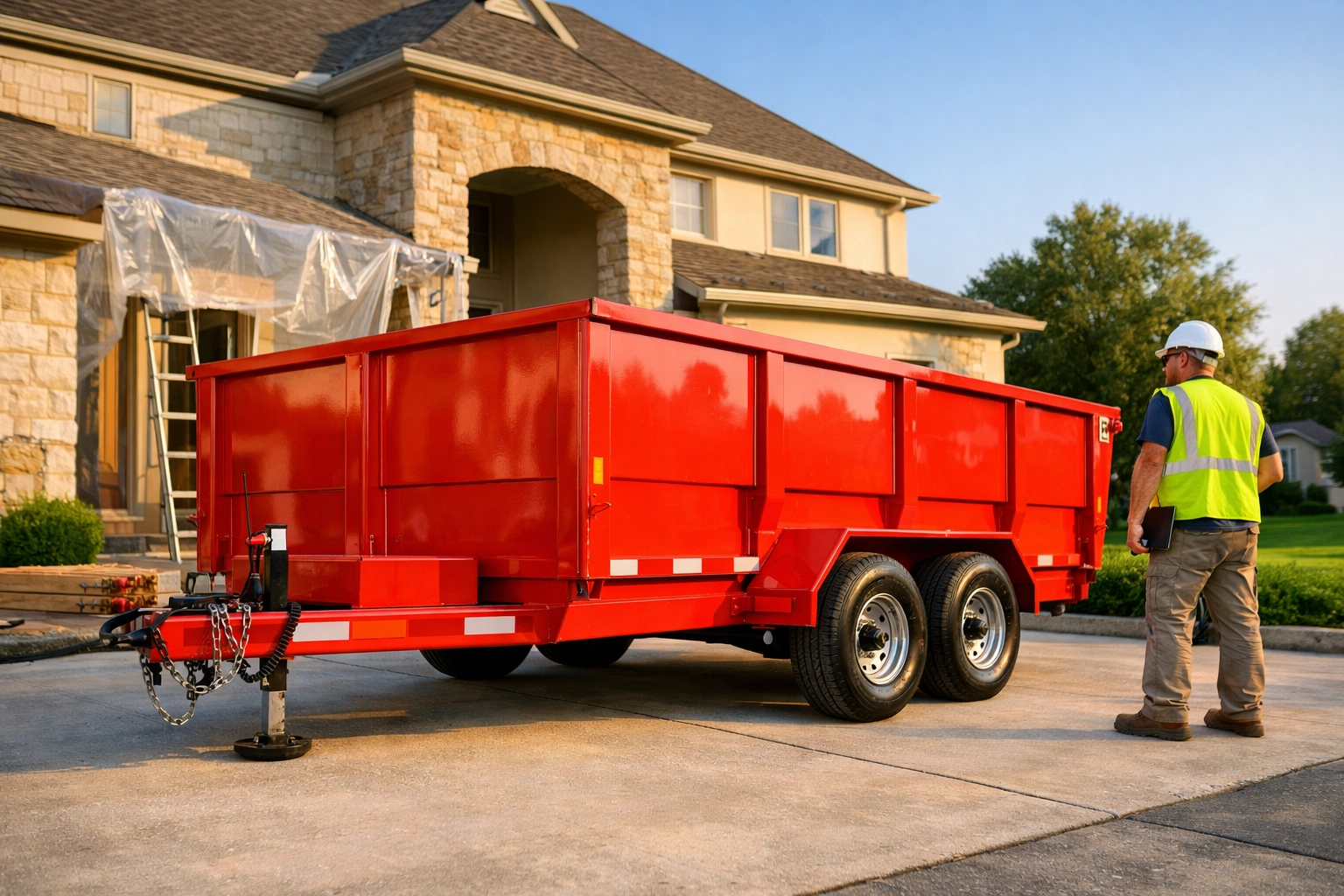Driveway-safe red mobile dumpster trailer parked in a Houston driveway for a residential renovation project.