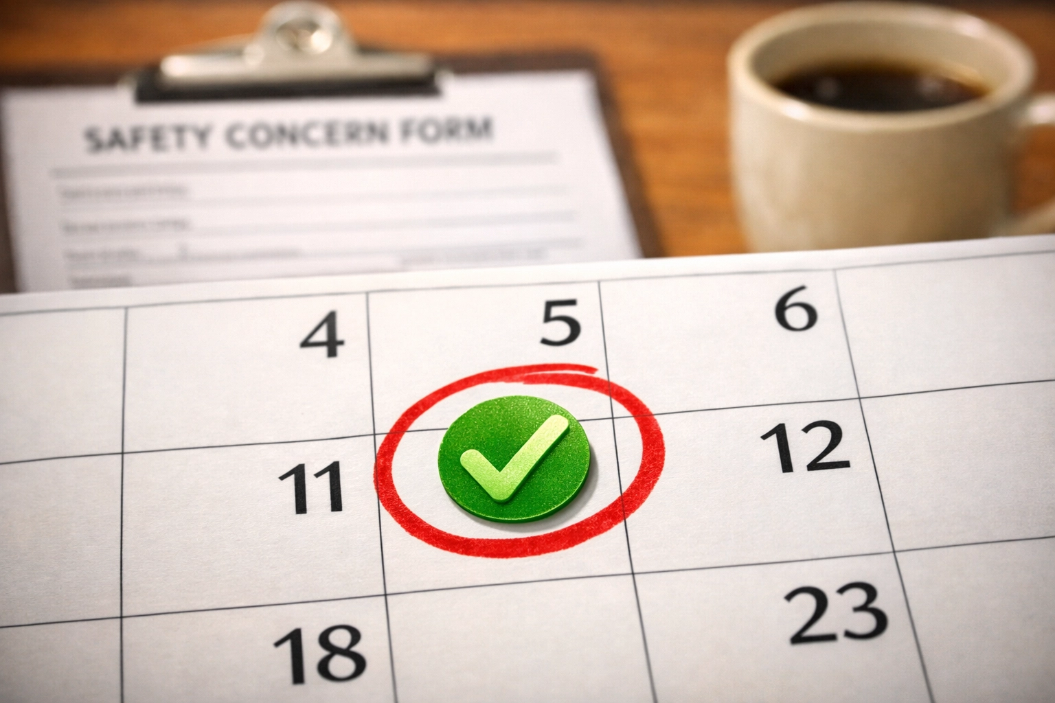 Calendar marking 5-day response deadline with checkmark showing safety commitment accountability