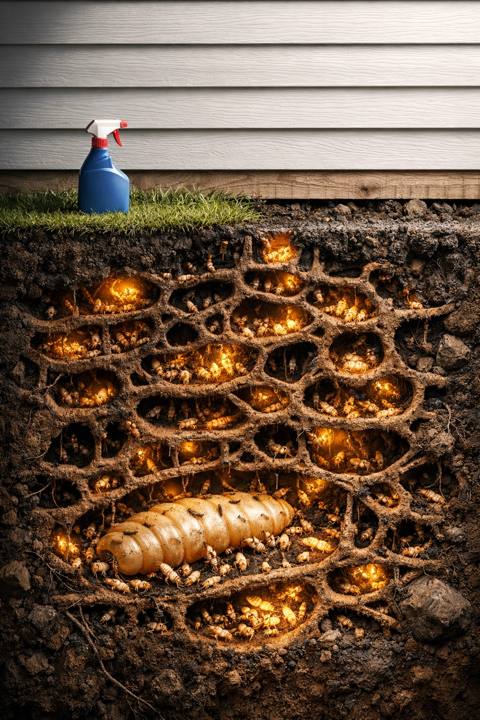 Large subterranean termite colony tunnels under a home, showing the scale of a hidden infestation beyond DIY reach.