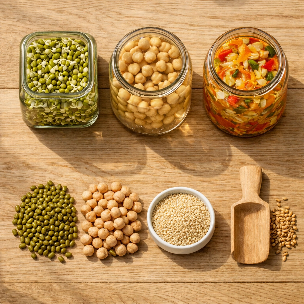 Jars of sprouting beans and fermented vegetables used to lower anti-nutrients in plant foods.