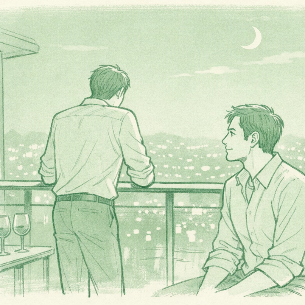 MM couple connecting on penthouse balcony - contemporary gay romance breakthrough