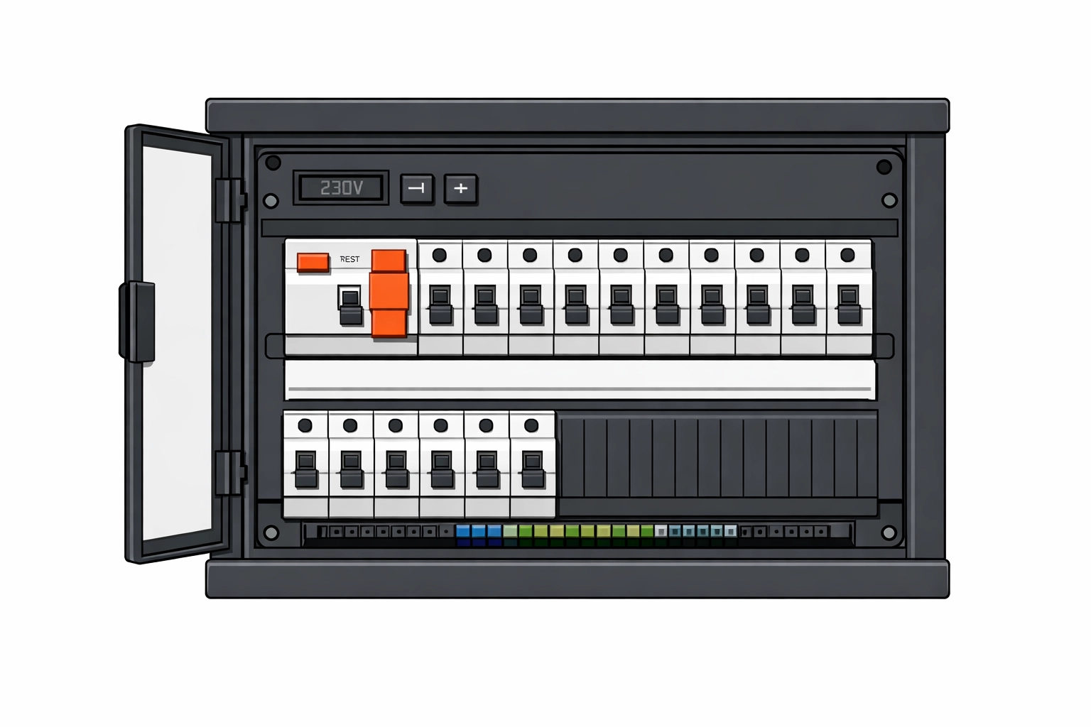 Moderner Elektro-Verteilerkasten mit FI-Schalter für maximale Sicherheit beim E-Befund in Wien.