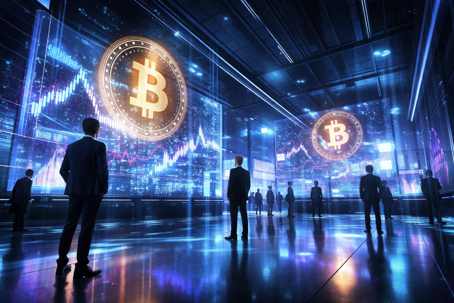 Institutional investors analyzing Bitcoin and cryptocurrency data on a modern trading floor