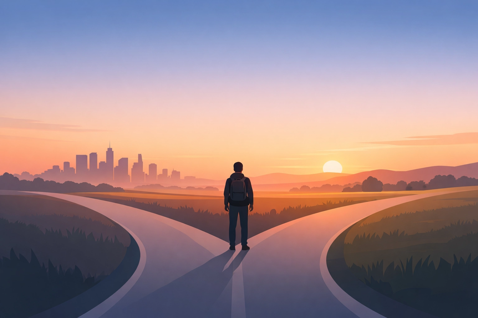 Woman at crossroads choosing between corporate career and authentic life path