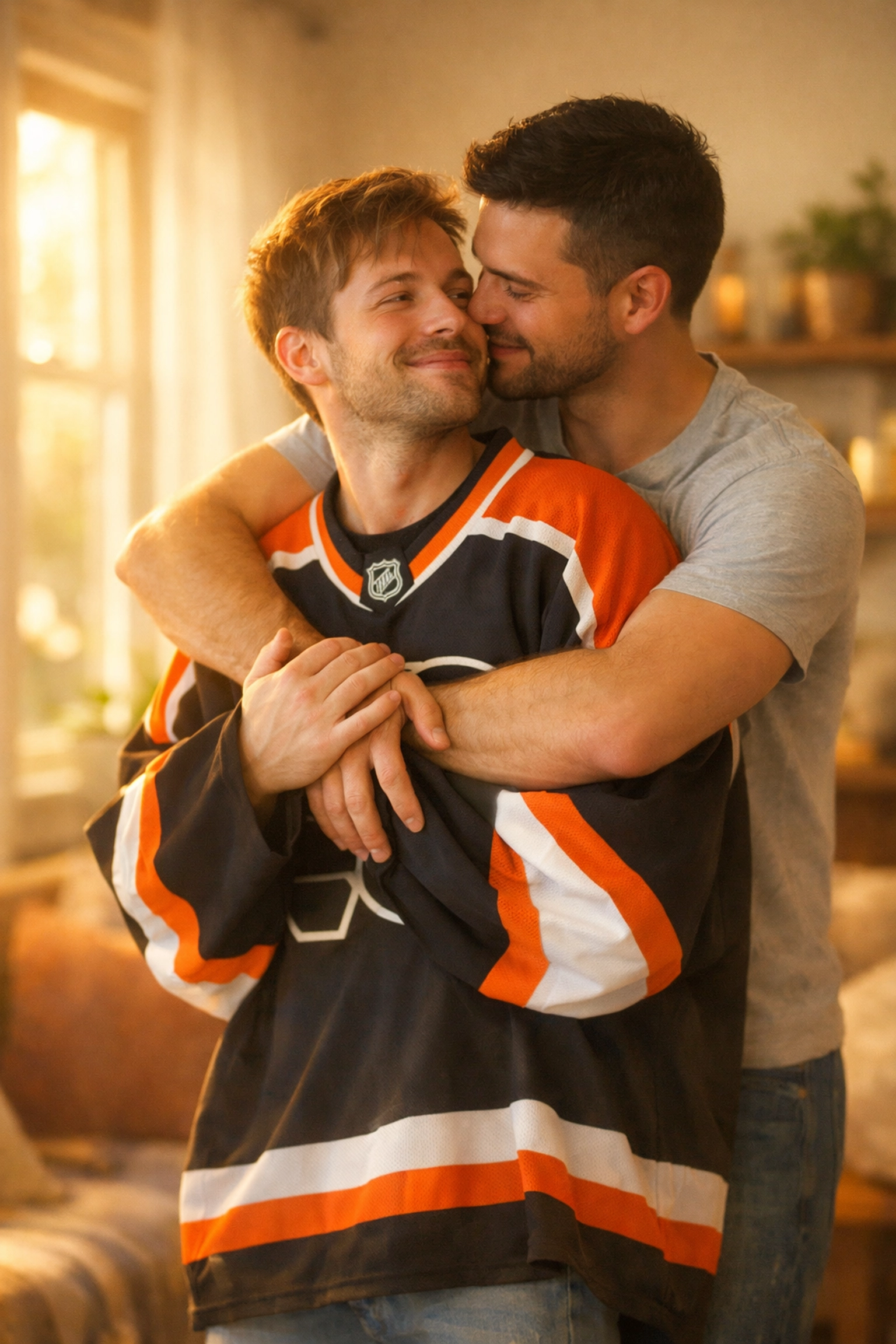 Romantic gay couple embracing at home, a sweet finale to an MM hockey romance.